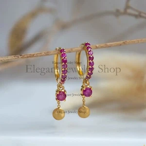Genuine Red Ruby Huggie Hoop Chain Earrings Yellow Gold 14k Jewelry Christmas - Picture 1 of 2