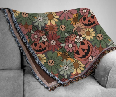 RETRO JACK-O-LANTERNS AND SKULLS | WOVEN BLANKET - Image 1 of 4