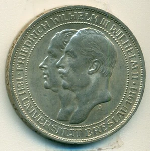 PRRUSIA, 1911, 3 mk Wroclaw Univ, plata, XF+ - Imagen 1 de 2