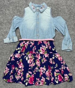 Arizona Dress Girls Plus 14.5 Blue Denim A-Line Floral Belted Cold Shoulder New - Picture 1 of 12