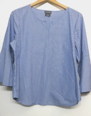 Van Heusen рубашка женщин средний синий белый в полоску 3/4 рукав классический топ - Изображение 1 из 4