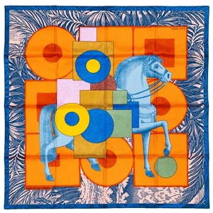 Auth. Hermes Scarf Cavalier en Formes – Bleu Moyen – Orange - New Store Tag - Picture 1 of 12