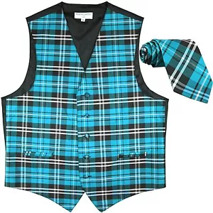 New Men Plaid Tuxedo Vest Waistcoat & Necktie Turquoise blue Wedding Prom formal - Picture 1 of 4