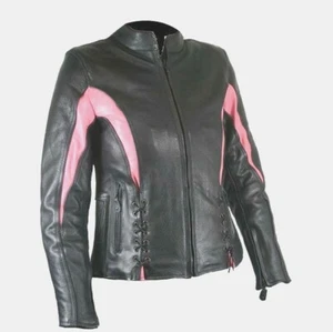NEW WOMENS BLACK & PINK PREMIUM LEATHER MOTORCYCLE JACKET Size XL - Picture 1 of 4