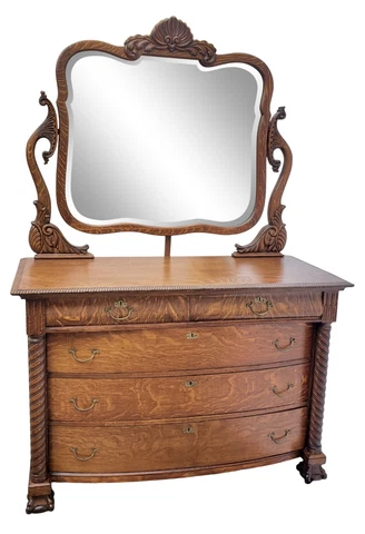 Vtg Victorian Large Tiger Oak American Dresser Chest with Mirror Circa 1900's Cover