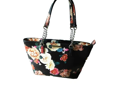 Bolso de Mano Nine West Negro Floral con Cierre de Cremallera Asa Superior Detalle Cadena Foto 1 de 4