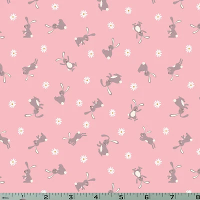 Bunny on Pink Cotton Fabric Lewis & Irene Easter Rabbit Hare Daisy - Image 1 of 2