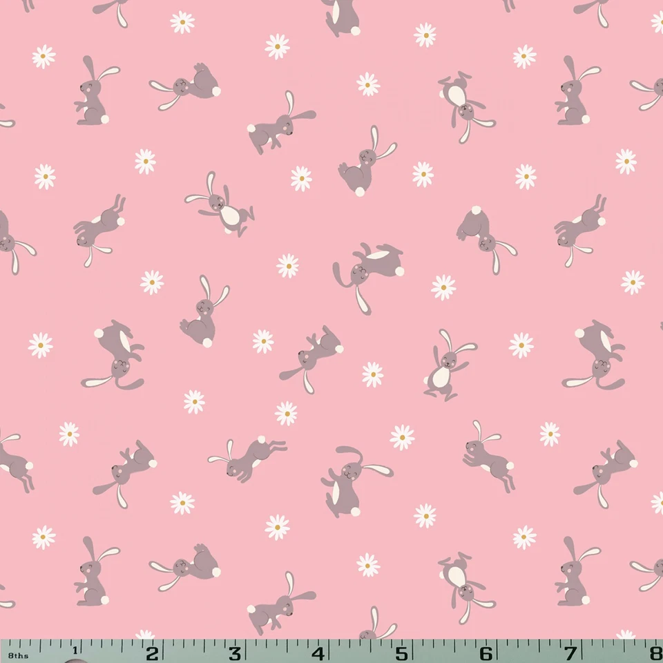 Bunny on Pink Cotton Fabric Lewis & Irene Easter Rabbit Hare Daisy - Image 1 of 2