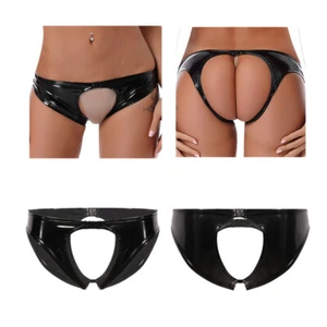 UK Womens Patent Leather Crotchless Thongs Open Butt Low Waist Briefs Underpants - Picture 1 of 14