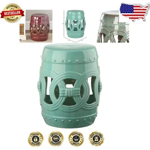 Elegant Round Ceramic Garden Stool - Light Blue Double Coin Design for Decor - Picture 1 of 9