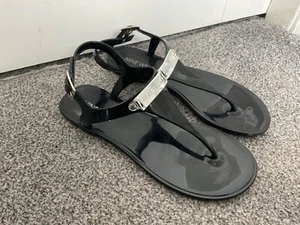 NINE WEST BLACK RUBBER THONG ANKLE FASTENING SANDALS SILVER LOGO BADGE UK 3 / 36 - Picture 1 of 5