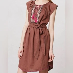 Maeve Anthropologie Marbella Embroidered Brown Boho Dress Mini Dress Size 2 - Picture 1 of 12