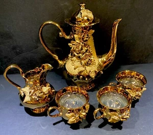 Corradini Aristide Porzellan Teekanne Milchkännchen und 3 Tassen Blumenmuster 24K Gol - Bild 1 von 15