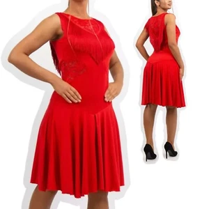 Z&X Red Latin Dance Dress With Fringe & Lace Accents Size M - Picture 1 of 15