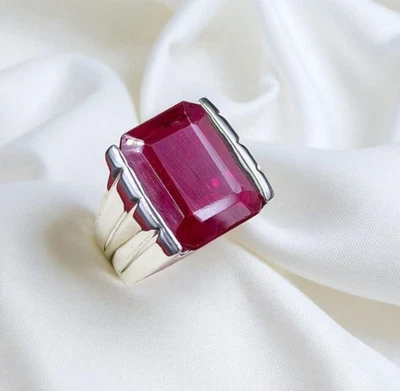 Anel grande feminino rubi corte esmeralda prata 925 art déco prata rubi yakut banda - Imagem 1 de 4