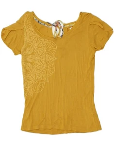 DESIGUAL Womens Graphic Blouse Top UK 10 Small Yellow Viscose AE10 - Picture 1 of 3