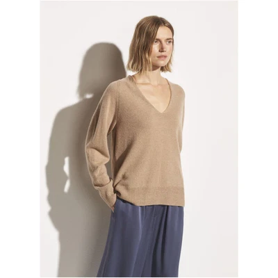 Suéter para mujer Vince S jaspeado cuello en V en bronceado duna lana minimalista cachemir $345 Foto 1 de 4