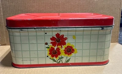 Vintage Tin Bread Box - Metal Box Red & White w/ Flowers - Image 1 of 4