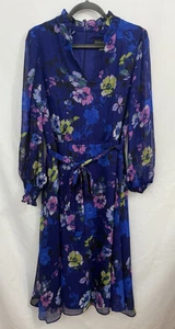 Jessica Howard Blue Floral Sheer Sleeve Chiffon Dress Ruffle Neck Womens Size 12 - Picture 1 of 10