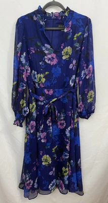 Jessica Howard Blue Floral Sheer Sleeve Chiffon Dress Ruffle Neck Womens Size 12 - Image 1 of 4