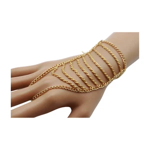 Nuevo Mujeres Oro Metal Cadena de Mano Moda Pulsera Pulsera Anillo Conectado Multi Ondas - Imagen 1 de 11