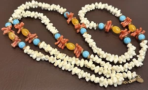Vintage Miriam Haskell Faux Coral Blue White Beaded Necklace Very Long 30” - Picture 1 of 9