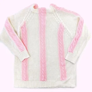 Suéter Vintage Tejido a Mano Blanco Rosa Acrílico Cable Tejido Rayas Túnica Larga L-XL - Imagen 1 de 11