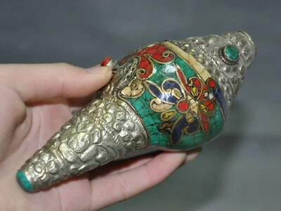 5.2" Caracola Tibetana Incrustación Plata Turquesa Caracola Trompeta Cuerno Concha Estatua Foto 1 de 4