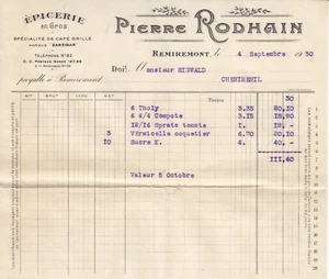 Facture ancienne Pierre Rhodain à Remiremont 1930 old french invoice bill - Picture 1 of 1