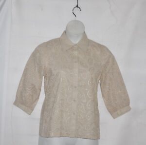 Linea by Louis Dell'Olio Cotton Paisley Eyelet Blouse Size S Natural