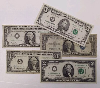 1988 5 dollar bill 1957 silver blue seal banknote 1963 $1 1977 one 1976 $2 note - Image 1 of 4