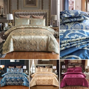 Satin Jacquard Luxury Duvet Quilt Cover Bedding Set Solid Color Twin Queen King - Picture 1 of 17