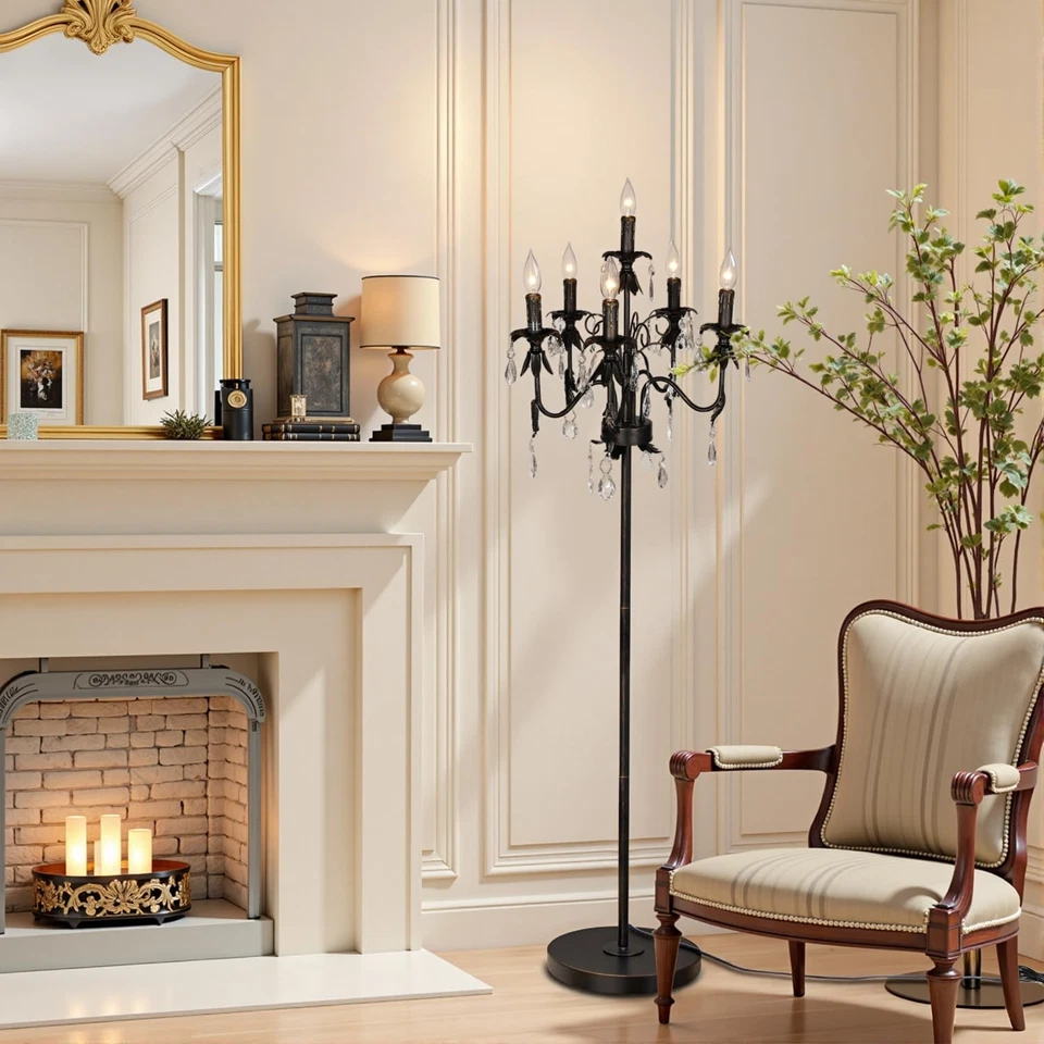 Antique Brass Crystal Chandelier Floor Lamp with 6 Candle Lights, Elegant Tra... - Image 1 of 4