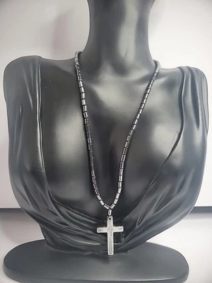 Collar de cuentas de acero inoxidable vintage colgante de cruz gris joyería disfraz Foto 1 de 4
