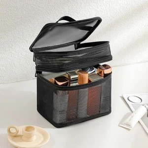 Double Layer Mesh Cosmetic Bag Solid Color Handheld Makeup Pouch Lady - Picture 1 of 12