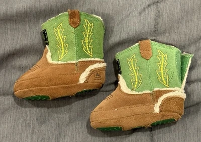 John Deere Infant Baby Leather Brown Green Western Boots Size 2 infant JD0016 - Image 1 of 4