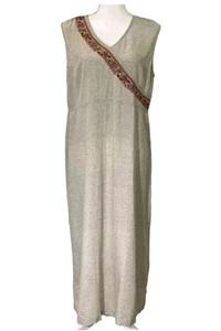 Linen Blend Dress Lagenlook Midi Boho Hippy Festival Travel Embroidered Size L - Picture 1 of 10