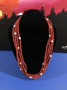 14K YG 4 Strands Natural Un-dyed Aka Red Coral Beads Necklace 18” 43.8g - Picture 1 of 5