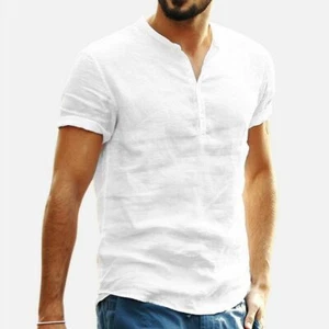 Henley T Shirts Men Linen Off White V Neck Button Up Collarless Short Sleeve Tee - Picture 1 of 2