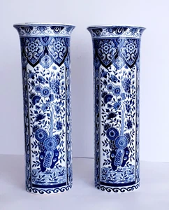 Antique DELFT BLUE & WHITE PAIR OF CYLINDER VASES 12.2 INCHES REGOUT MAASTRICHT - Picture 1 of 6