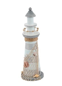 WOODEN NAUTICAL ORNAMENT LIGHTHOUSE PALE BLUE DECOR MEDITERRANEAN STYLE NEW GIFT - Picture 1 of 3