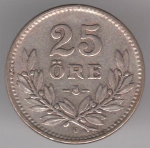 Schweden 25 Öre 1934 G Silbermünze (0,600) - Gustaf V - gekrönt, 3 Kronenschild - Bild 1 von 2