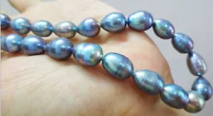 Collana Perla Nera 7-8 mm Barocco Naturale Tahitiano Blu Pavone 18" - Foto 1 di 12