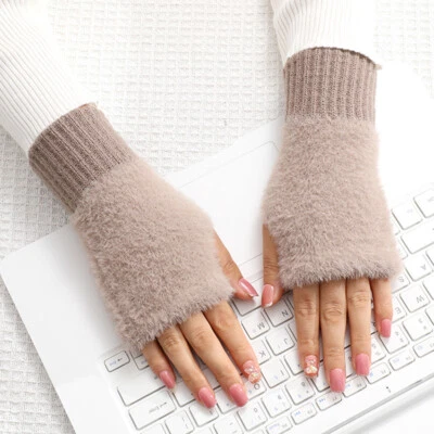 Plush Fingerless Gloves Thermal Womens Half Finger Furry Touch Screen Mittens⇓ - Image 1 of 4