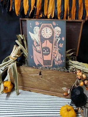 PRIMITIVE VICTORIAN VINTAGE STYLE HALLOWEEN PUMPKIN SKELETON CLOCK GHOST SIGN - Image 1 of 4