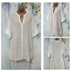 TU WHITE BEACH COVER UP TOP Size 16 , Broderie Cotton ,Roll Tab Sleeve, Tie Belt - Picture 1 of 8