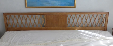 Vintage Mid Century BAKER Milling Rd Banded Walnut Brass Campaign Headboard Cover