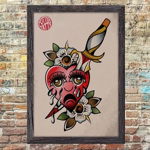 Old School Crying Heart - Traditional Flash Tattoo Art Print - Picture 1 of 3