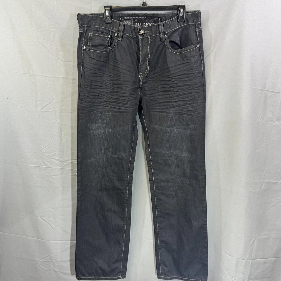 Do Denim Jeans Mens 36x33 Black Straight Leg Distressed Stitch Biker DG Moto - Image 1 of 4