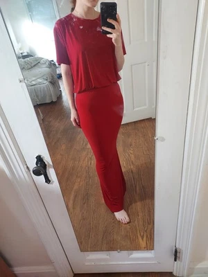 Norma Kamali Small Short Sleeve Red Long Boxy Fishtail Stretch Gown Dress - Image 1 of 4